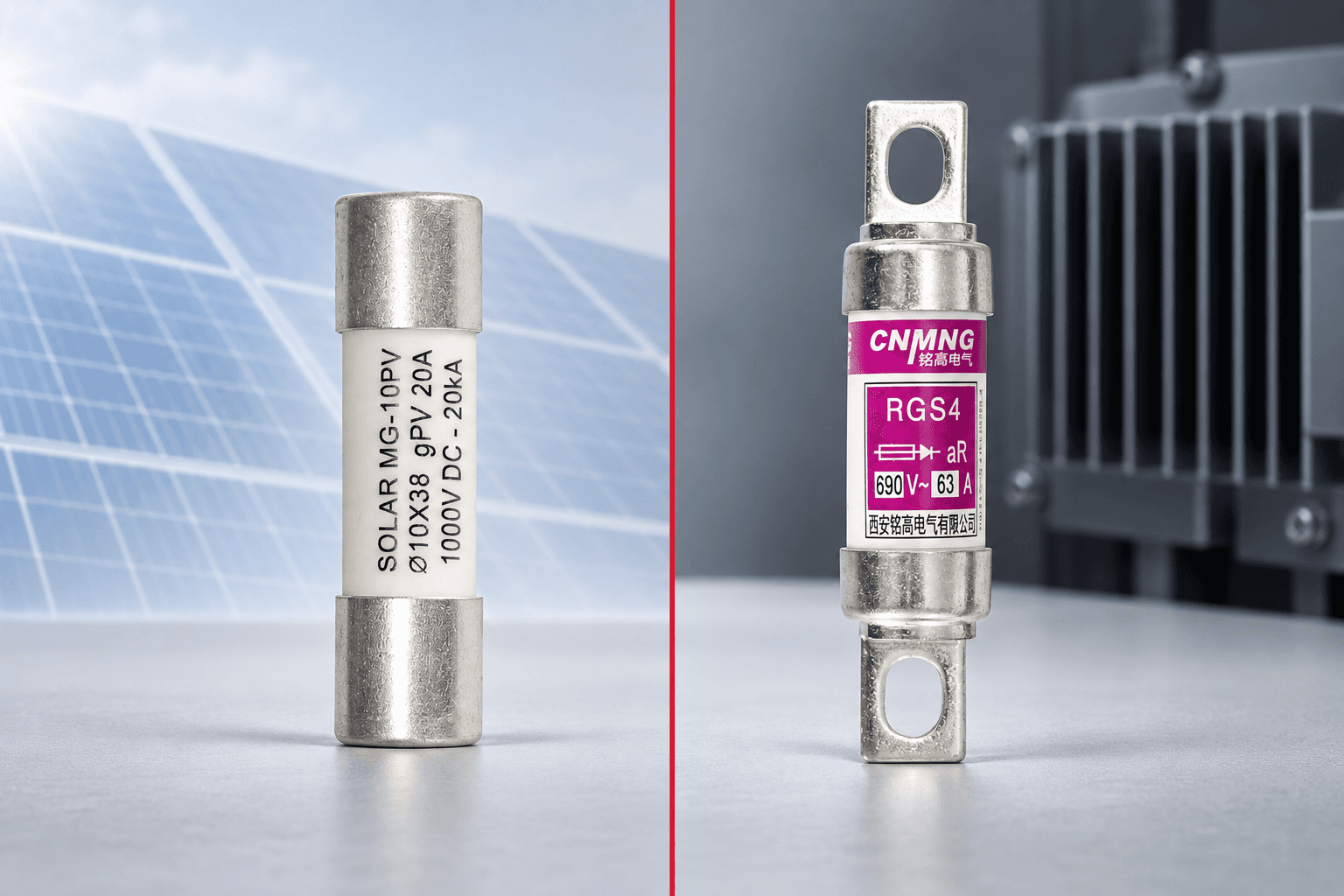 Minggao gPV photovoltaic fuse and RGS4 high-speed fuse compared side by side